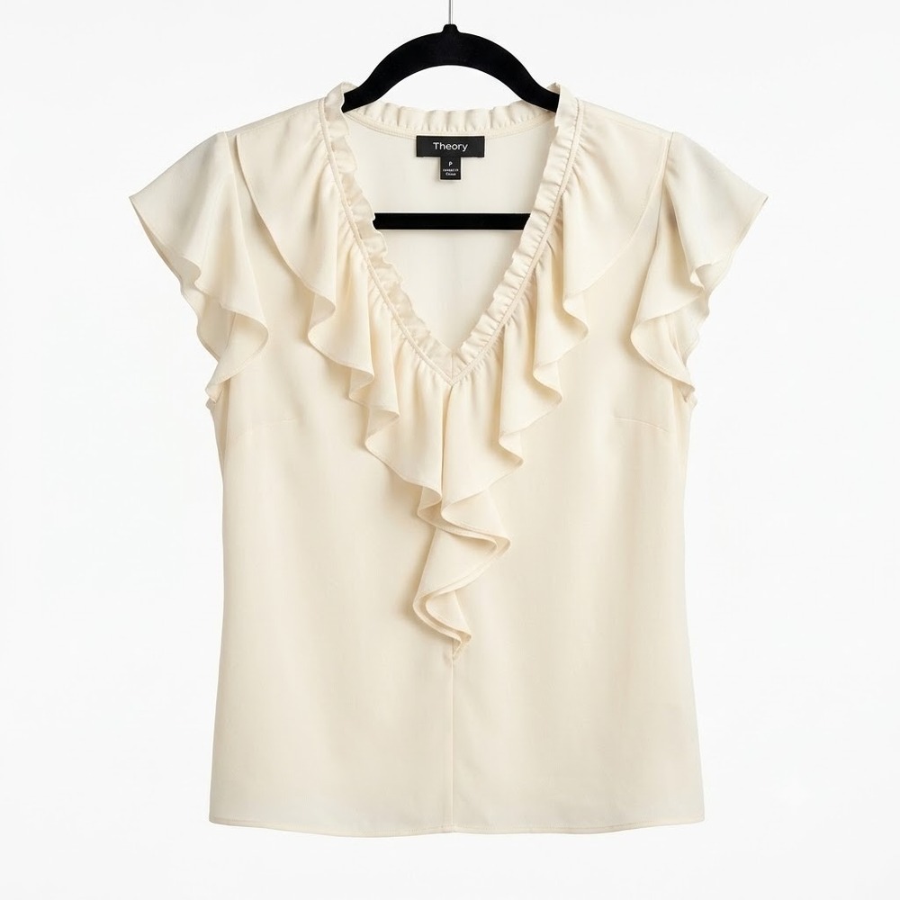Theory Ruffle V-Neck Blouse Petite Cream Ivory Quiet Luxury Flutter Sleeve